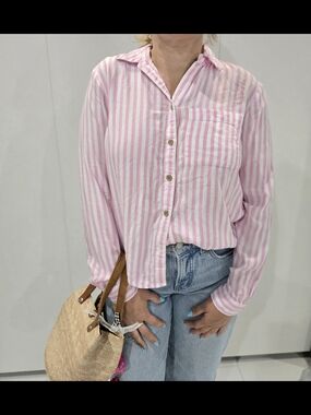 beachlunchlounge Pink and White Striped Button-Down Shirt